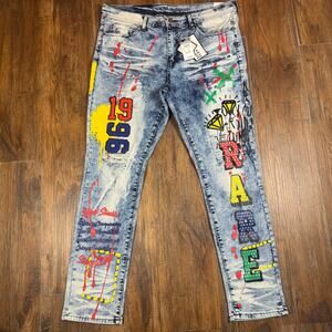 Rue 21 34 x 32 Premium Supreme Flex Skinny jeans graffiti paint acid wash